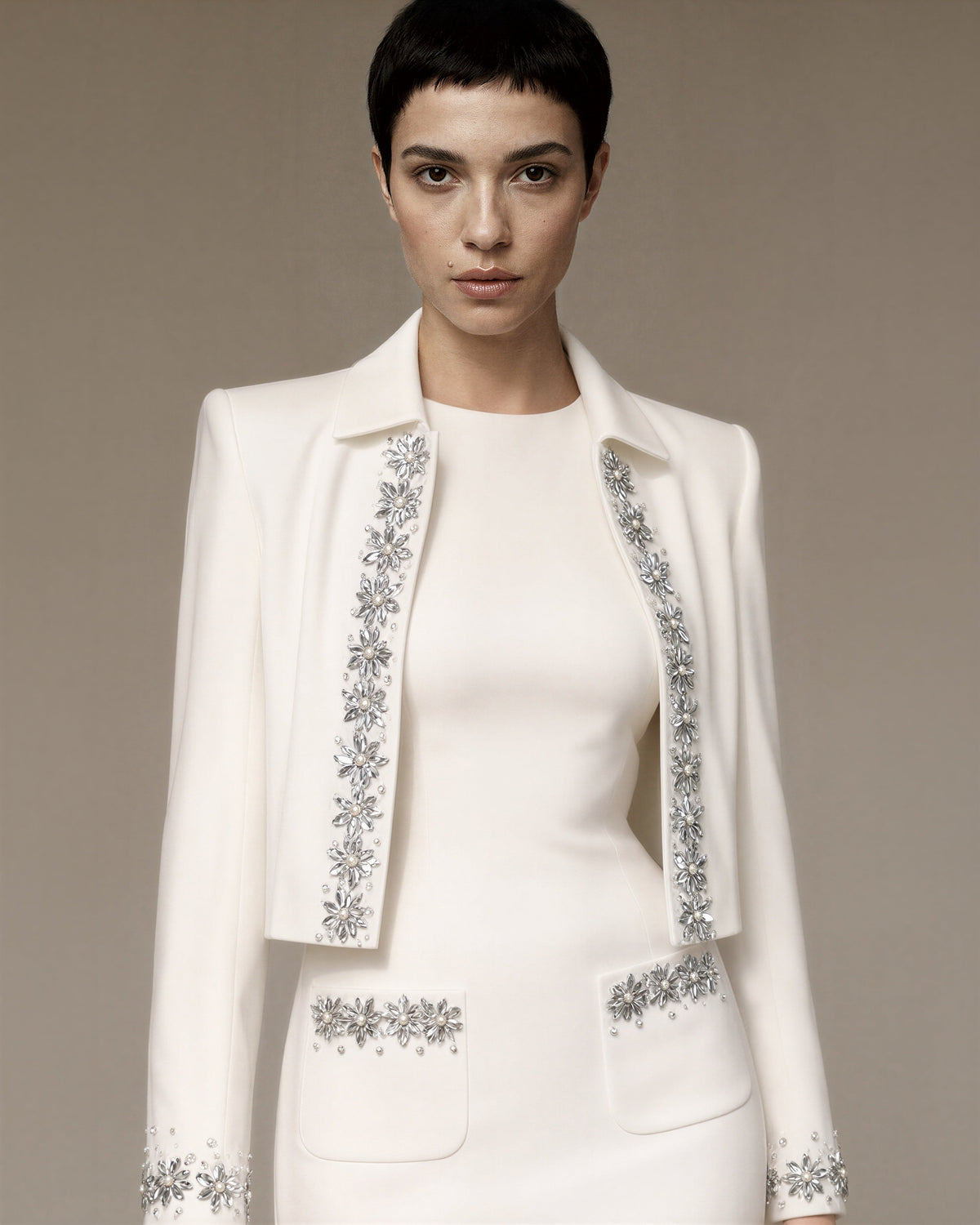 Lia Embellished Cropped Jacket and Mini Dress Set, white, close up above the waist