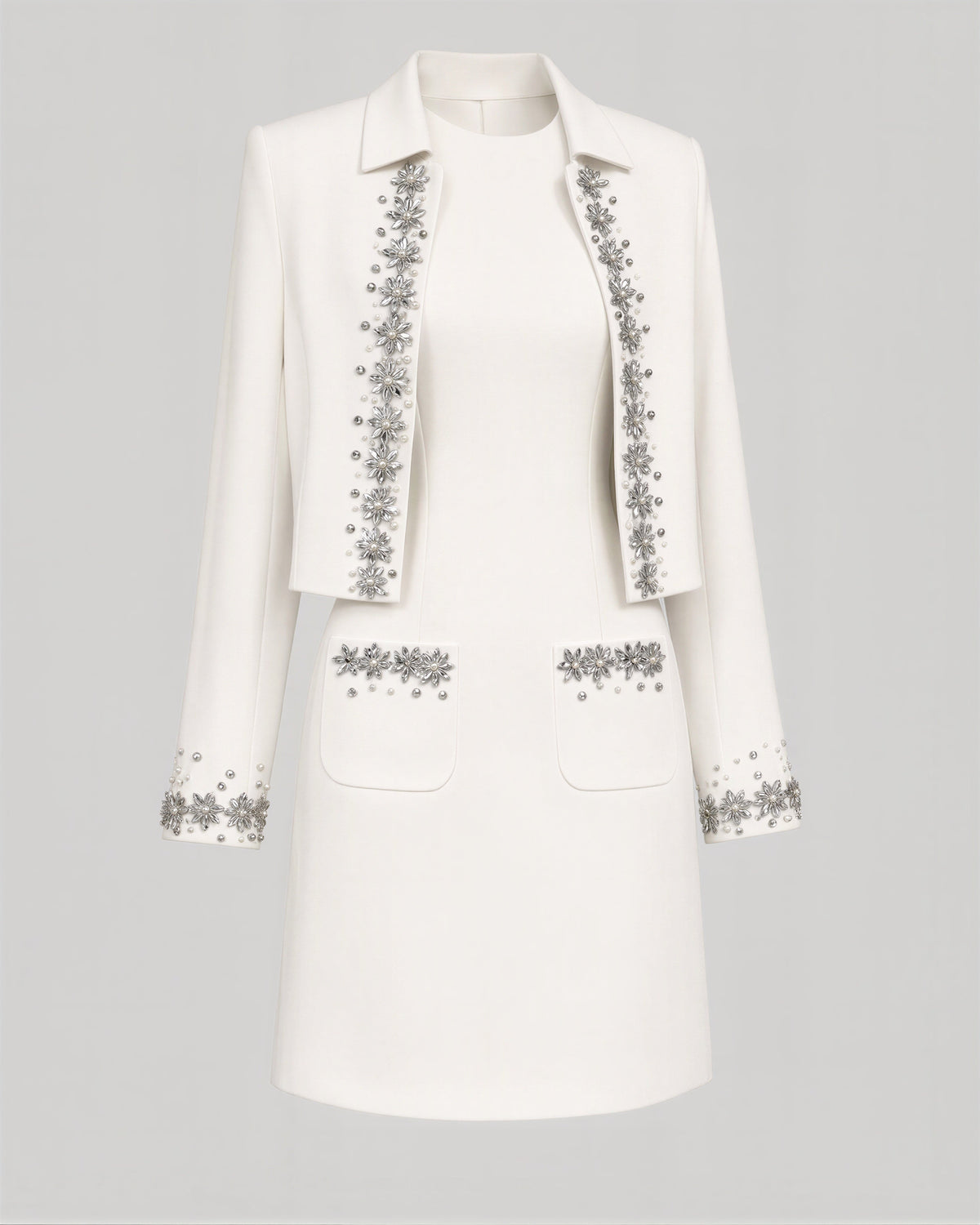 Lia Embellished Cropped Jacket and Mini Dress Set, white, product view without a model