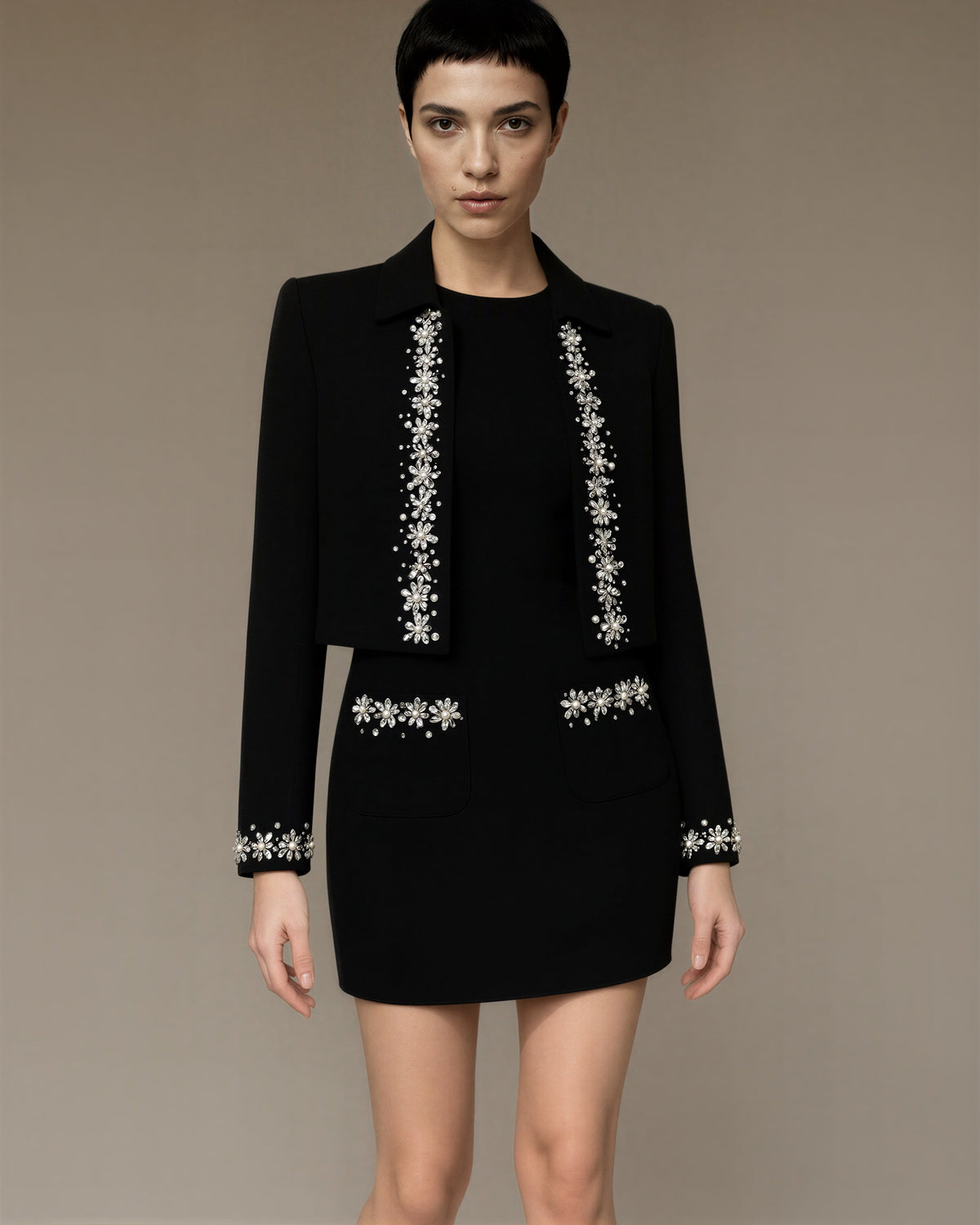 Lia Embellished Cropped Jacket and Mini Dress Set, black color option