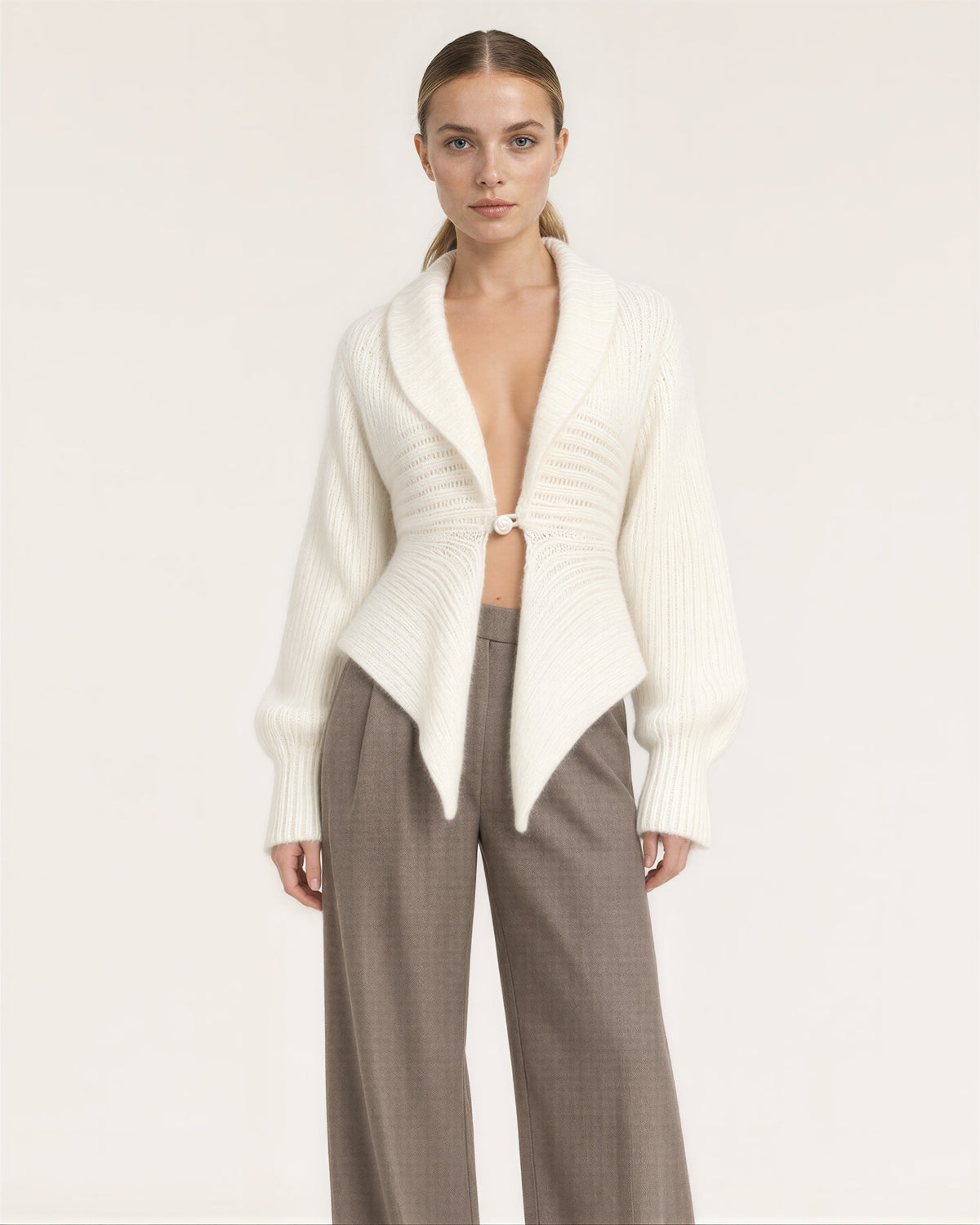 Liana Single Pearl Button Shawl Collar Cardigan, off white, front view