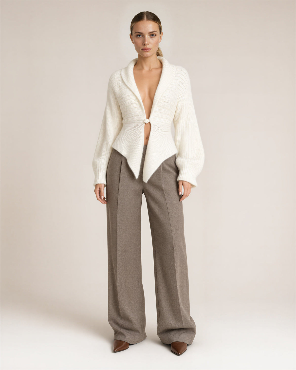 Liana Single Pearl Button Shawl Collar Cardigan, off white, full length front view