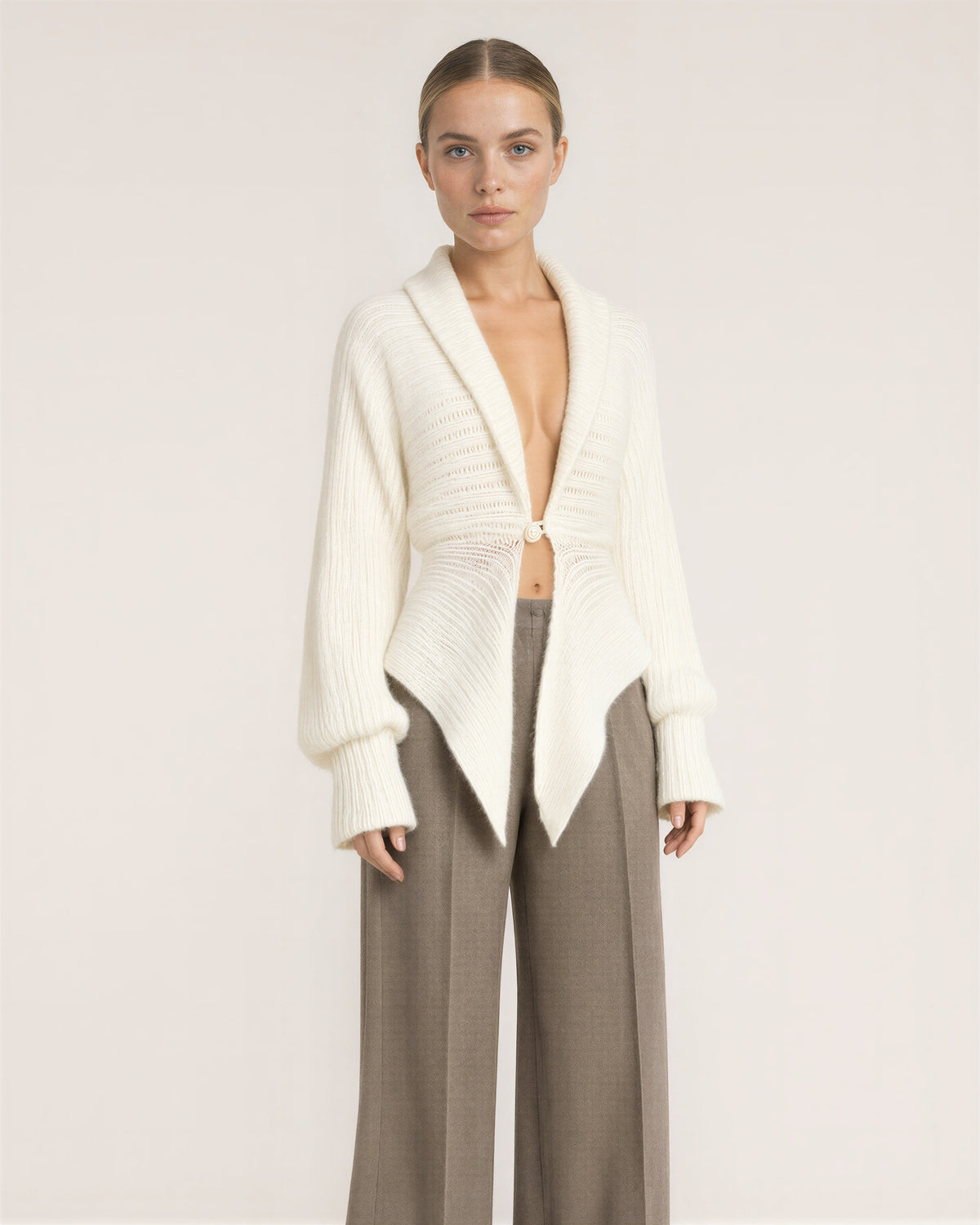 Liana Single Pearl Button Shawl Collar Cardigan, off white, three quarter view