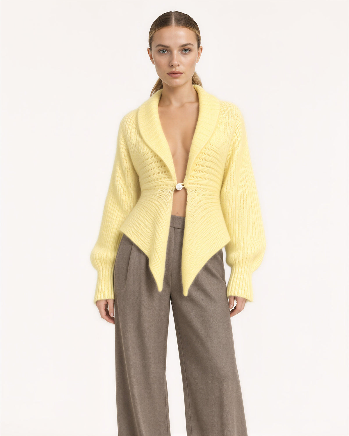 Liana Single Pearl Button Shawl Collar Cardigan, pastel yellow color option