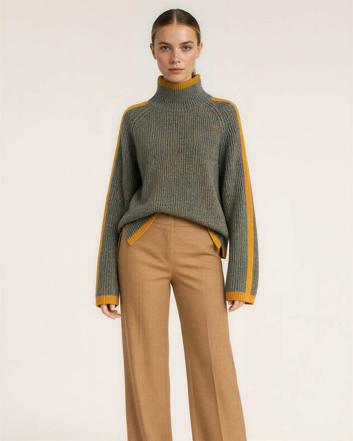 Lidia Orange Stripe Turtleneck Oversized Sweater, khaki melange, front view