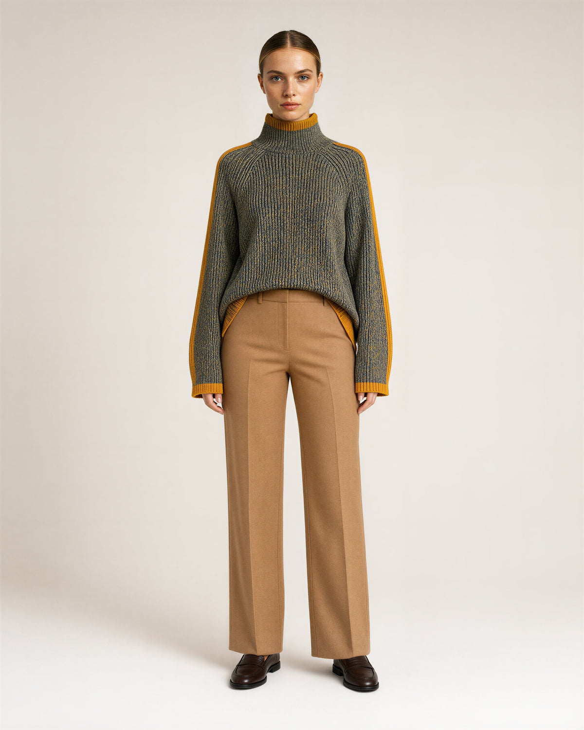 Lidia Orange Stripe Turtleneck Oversized Sweater, khaki melange, full length front view