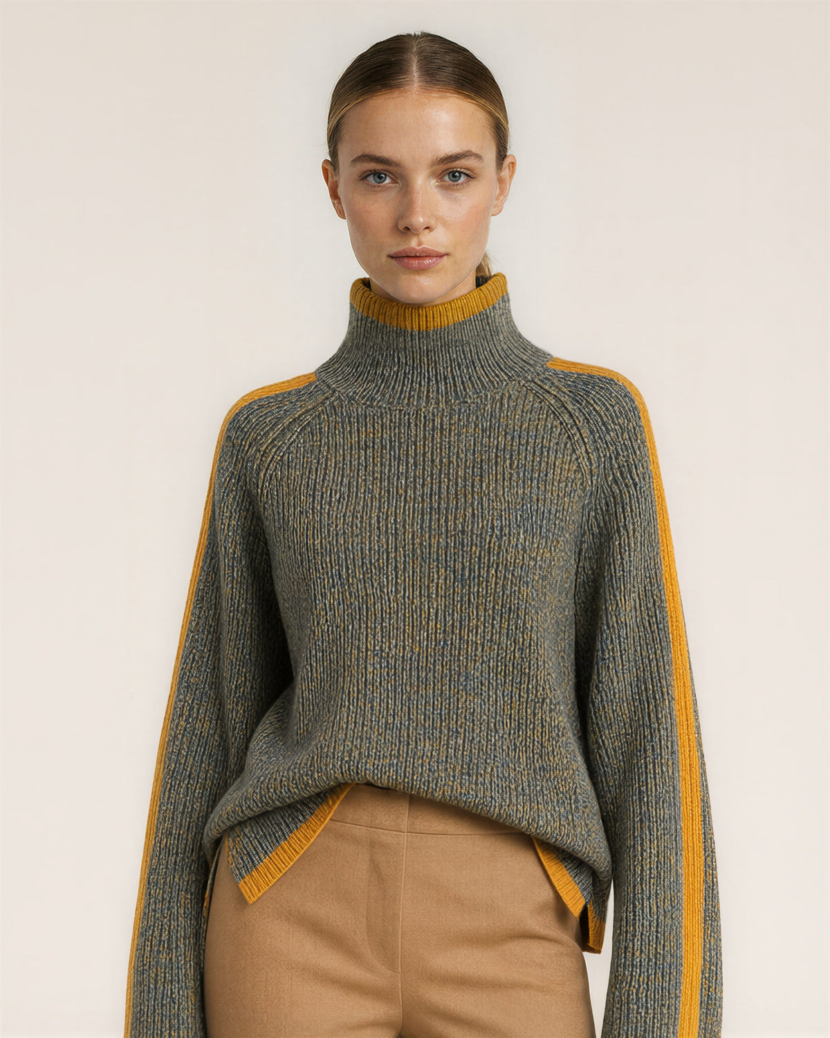 Lidia Orange Stripe Turtleneck Oversized Sweater, khaki melange, close up above the waist