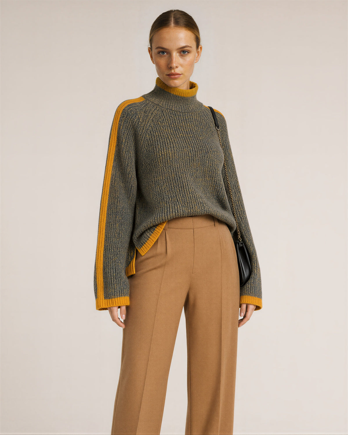 Lidia Orange Stripe Turtleneck Oversized Sweater, khaki melange, three quarter view