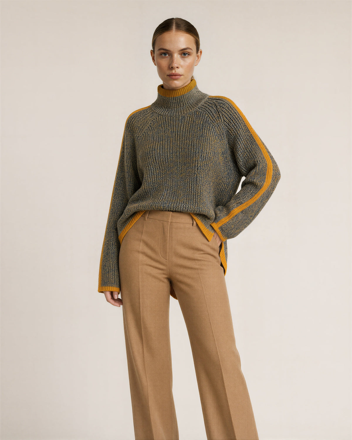 Lidia Orange Stripe Turtleneck Oversized Sweater, khaki melange, front, hands on the waist