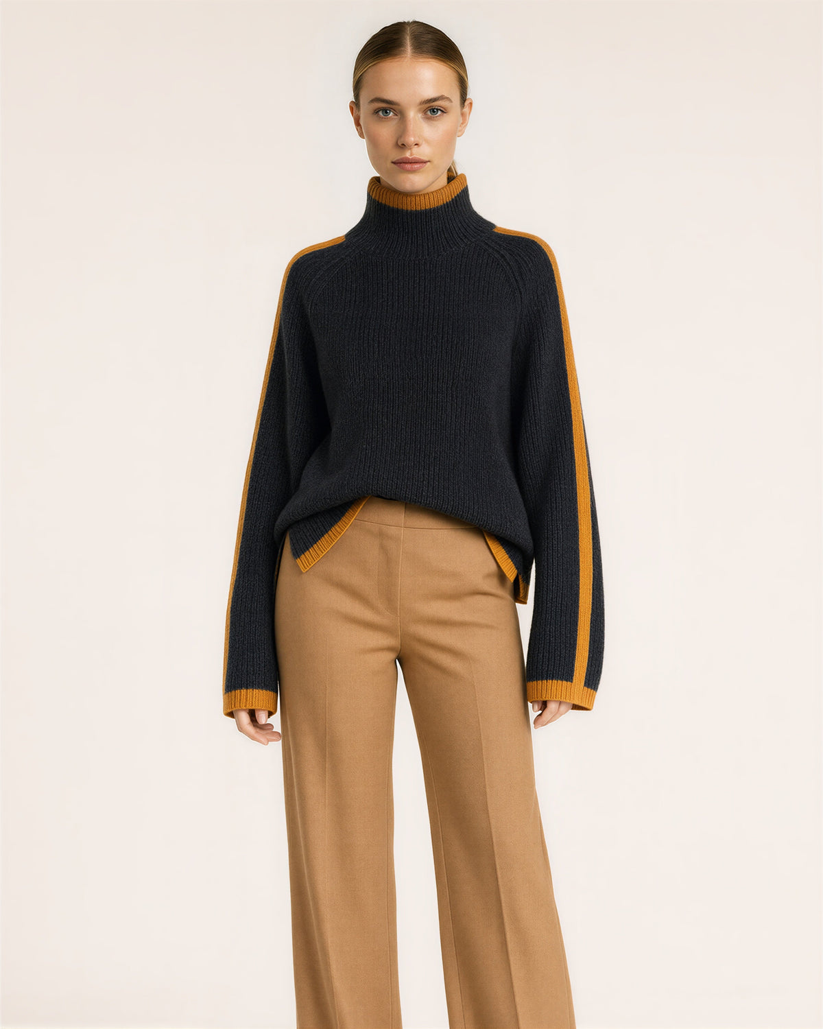 Lidia Orange Stripe Turtleneck Oversized Sweater, charcoal black color option