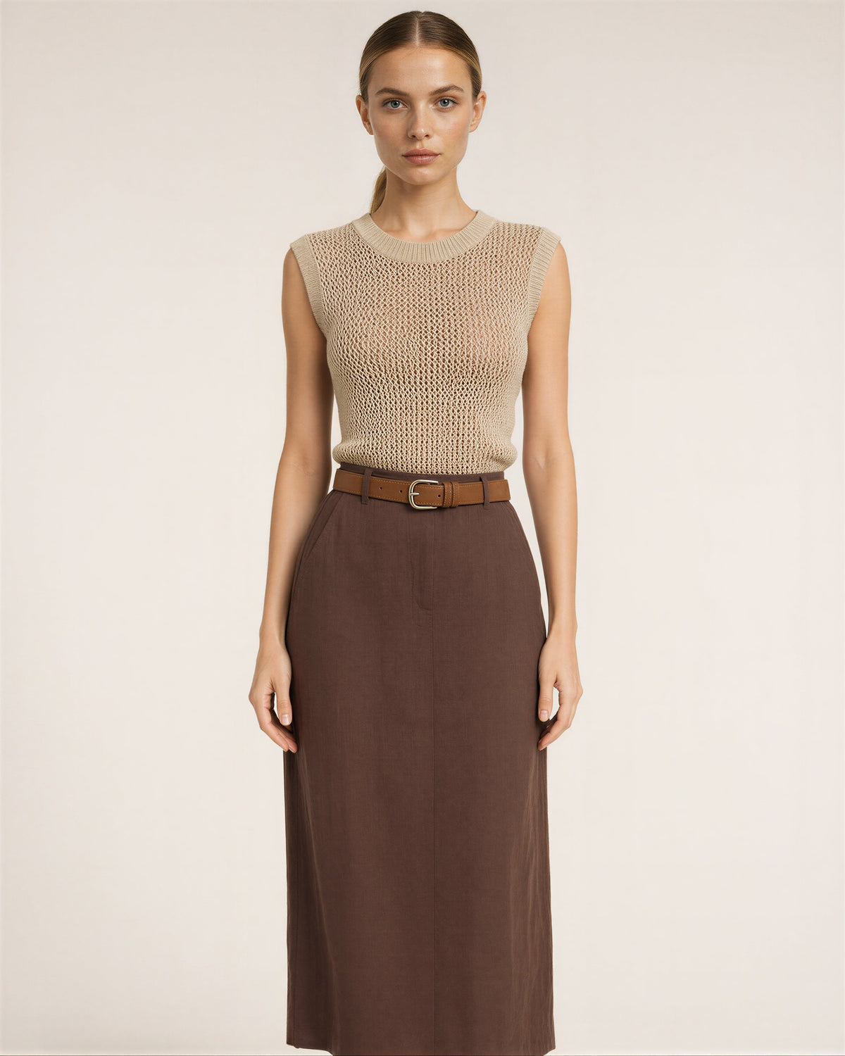 Lina Open Knit Top and Midi Skirt Set, Beige Brown, beige brown, front view