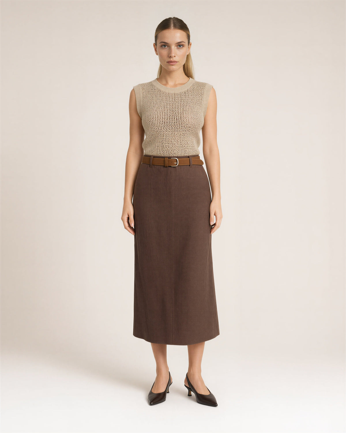 Lina Open Knit Top and Midi Skirt Set, Beige Brown, beige brown, full length front view