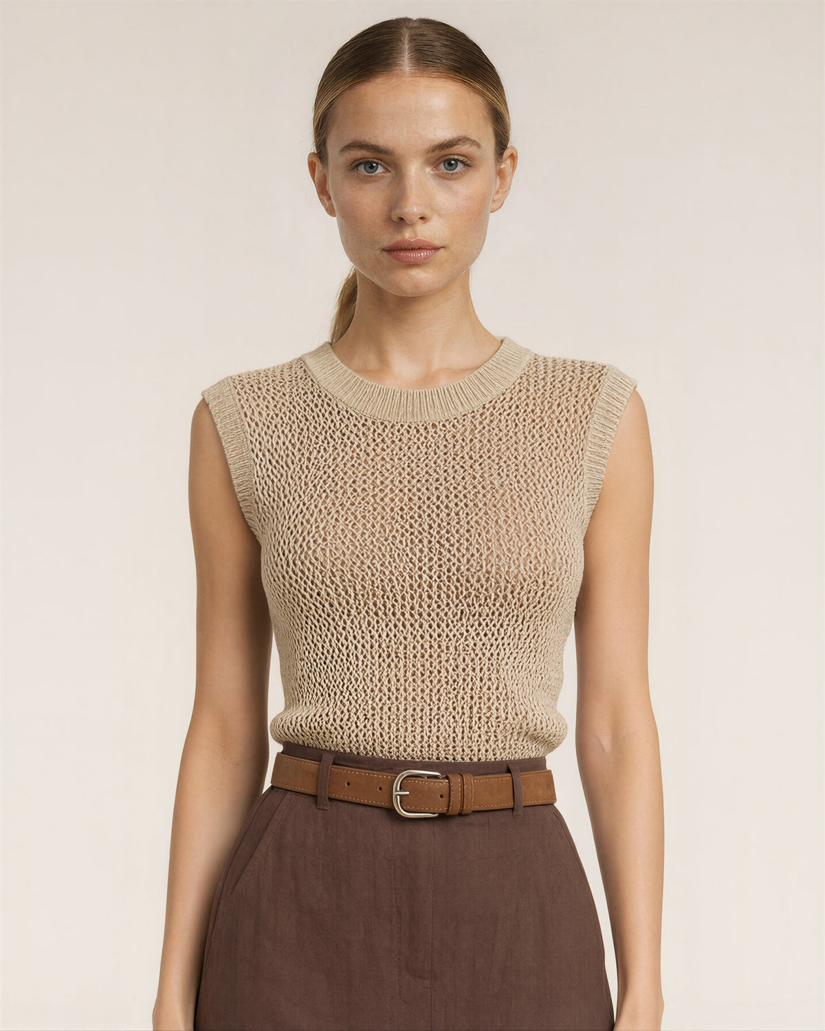 Lina Open Knit Top and Midi Skirt Set, Beige Brown, beige brown, close up above the waist