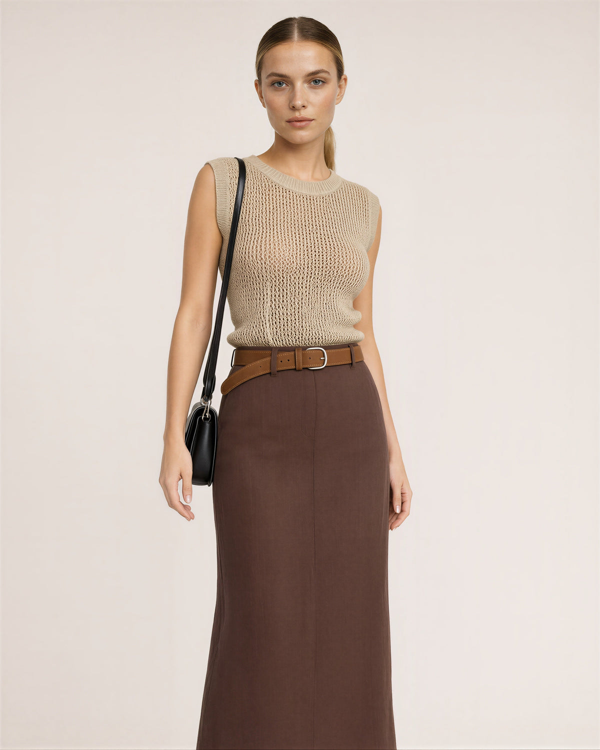 Lina Open Knit Top and Midi Skirt Set, Beige Brown, beige brown, three quarter view