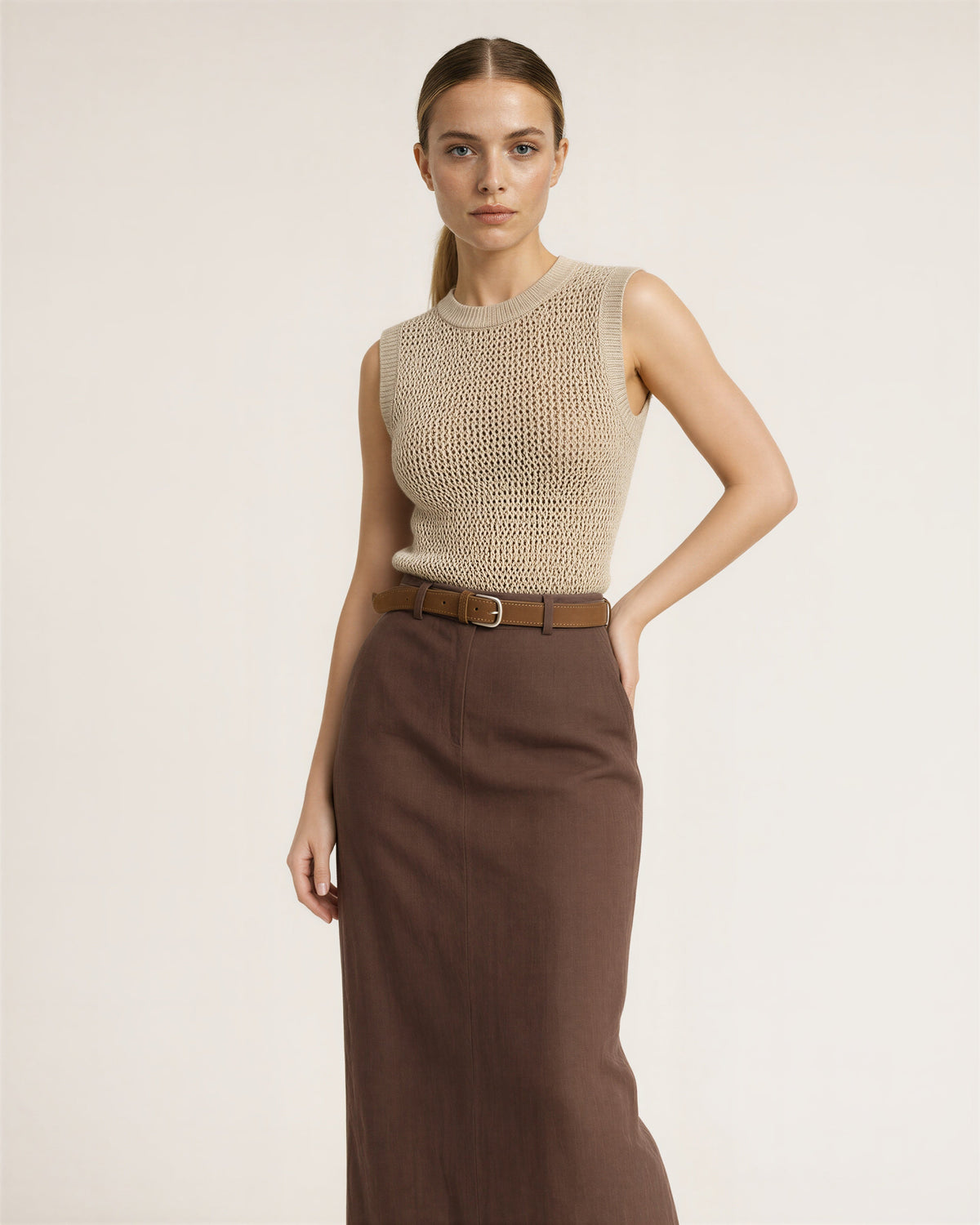 Lina Open Knit Top and Midi Skirt Set, Beige Brown, beige brown, front, hands on the waist