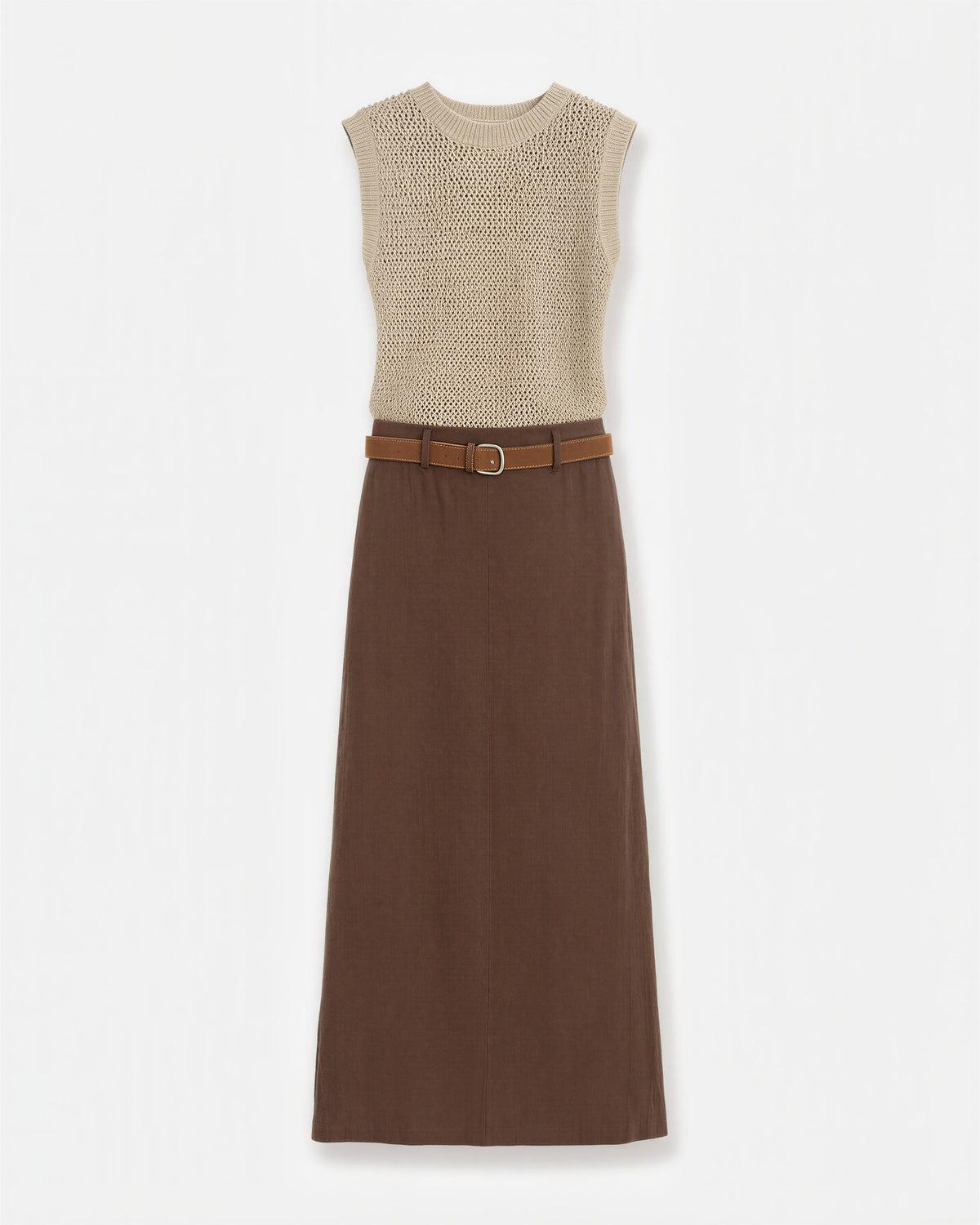 Lina Open Knit Top and Midi Skirt Set, Beige Brown, beige brown, product view without a model