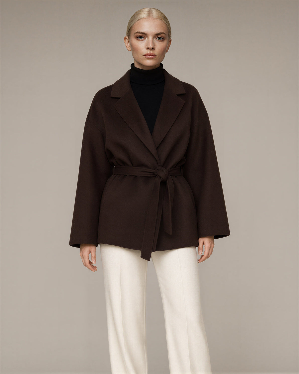 Livia Tie Belt Cropped Melton Coat, Dark Brown, dark brown, front view