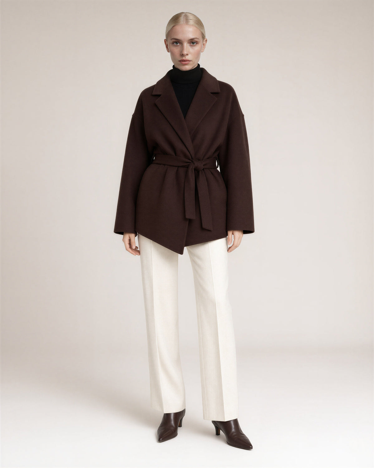 Livia Tie Belt Cropped Melton Coat, Dark Brown, dark brown, full length front view
