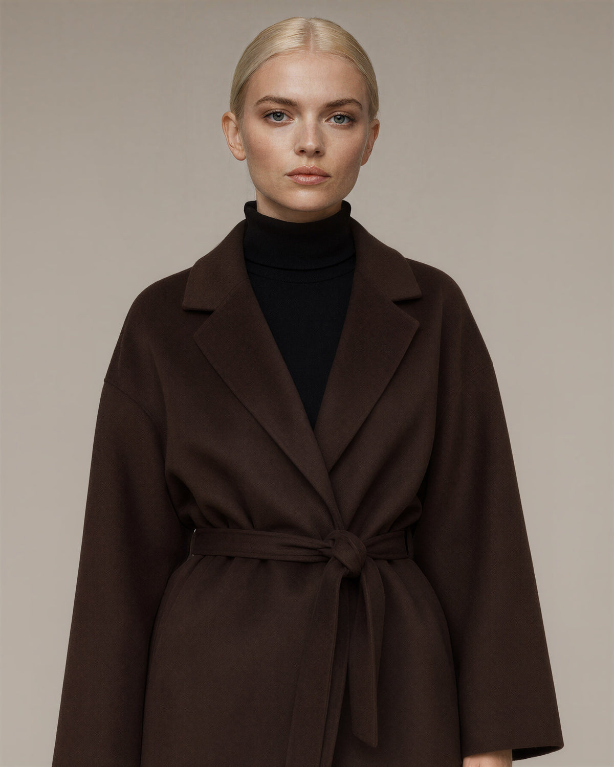 Livia Tie Belt Cropped Melton Coat, Dark Brown, dark brown, close up above the waist