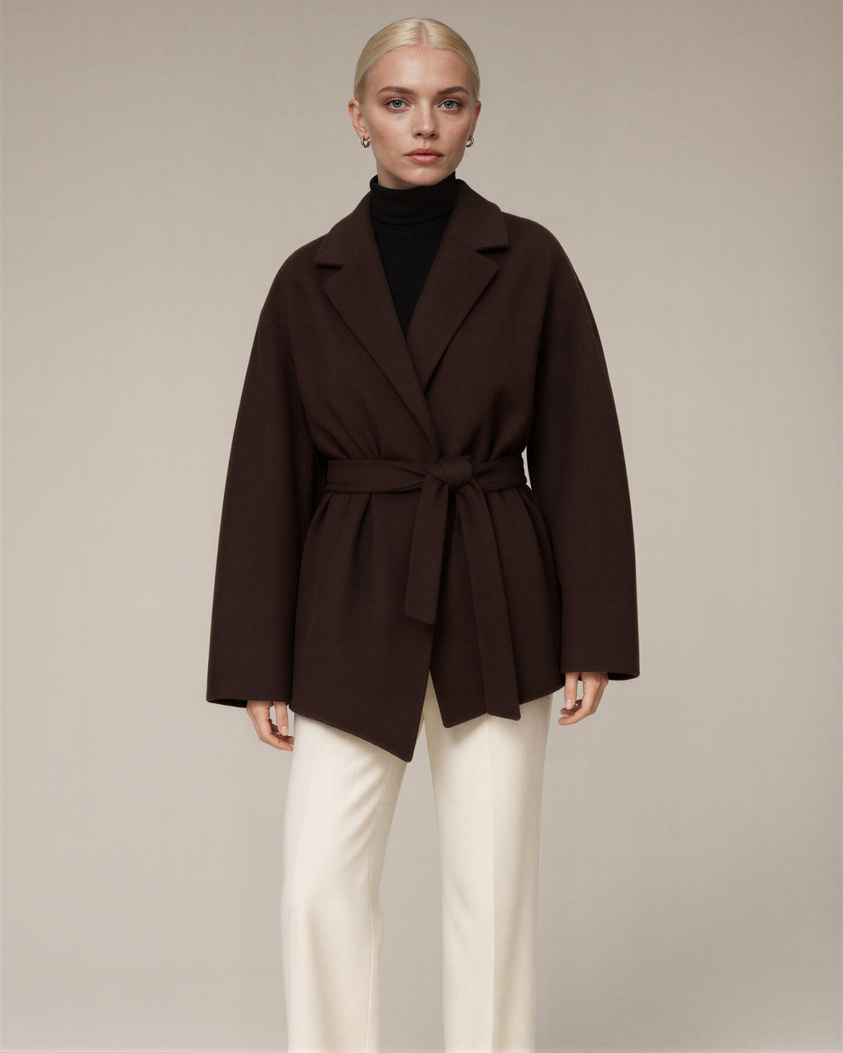 Livia Tie Belt Cropped Melton Coat, Dark Brown, dark brown, three quarter view