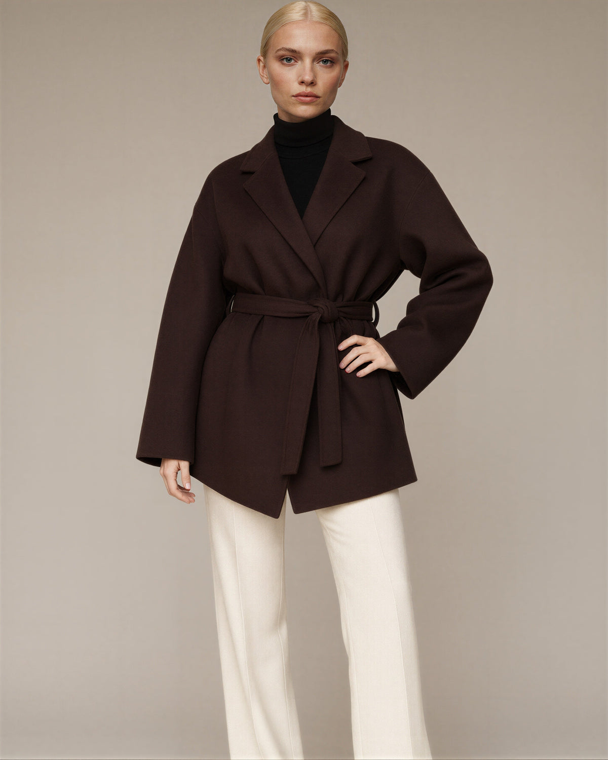 Livia Tie Belt Cropped Melton Coat, Dark Brown, dark brown, front, hands on the waist