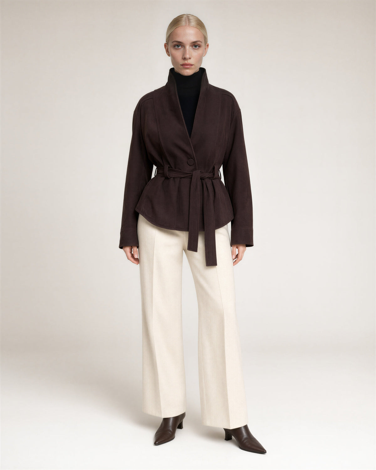 Liviana Shawl Collar Tie Belt Faux Suede Jacket, dark brown, full length front view