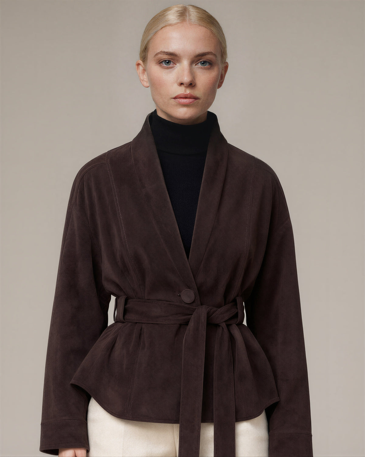 Liviana Shawl Collar Tie Belt Faux Suede Jacket, dark brown, close up above the waist