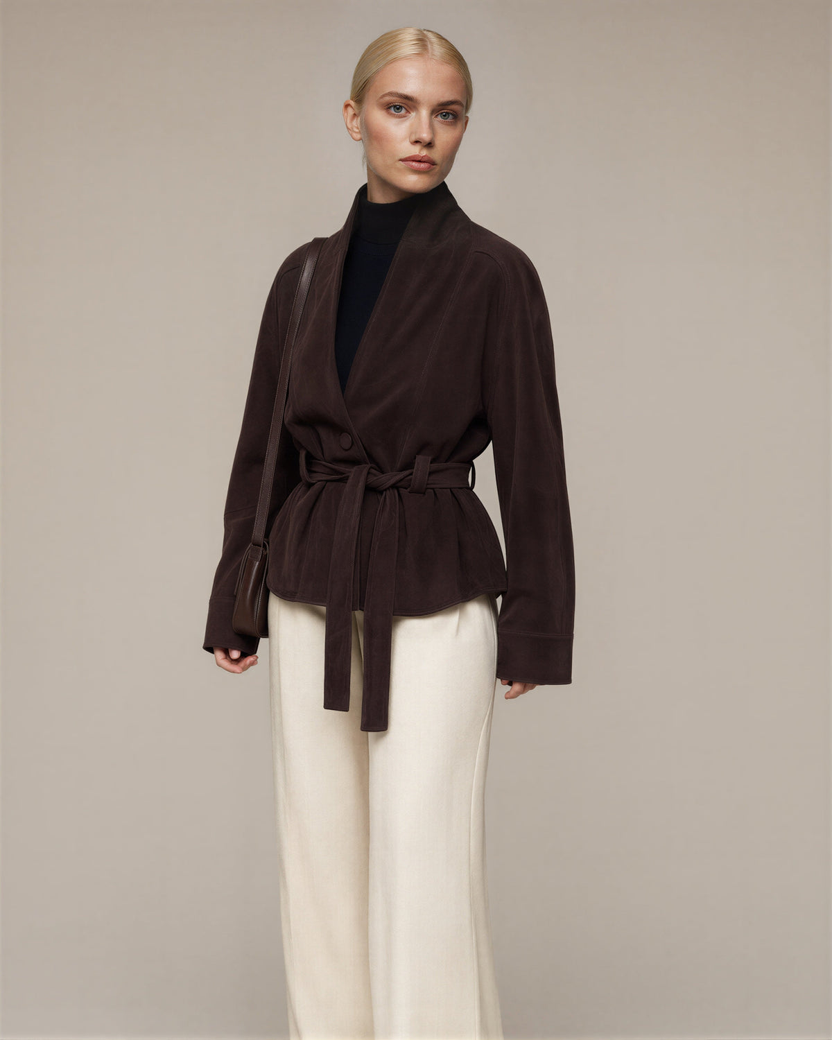 Liviana Shawl Collar Tie Belt Faux Suede Jacket, dark brown, three quarter view