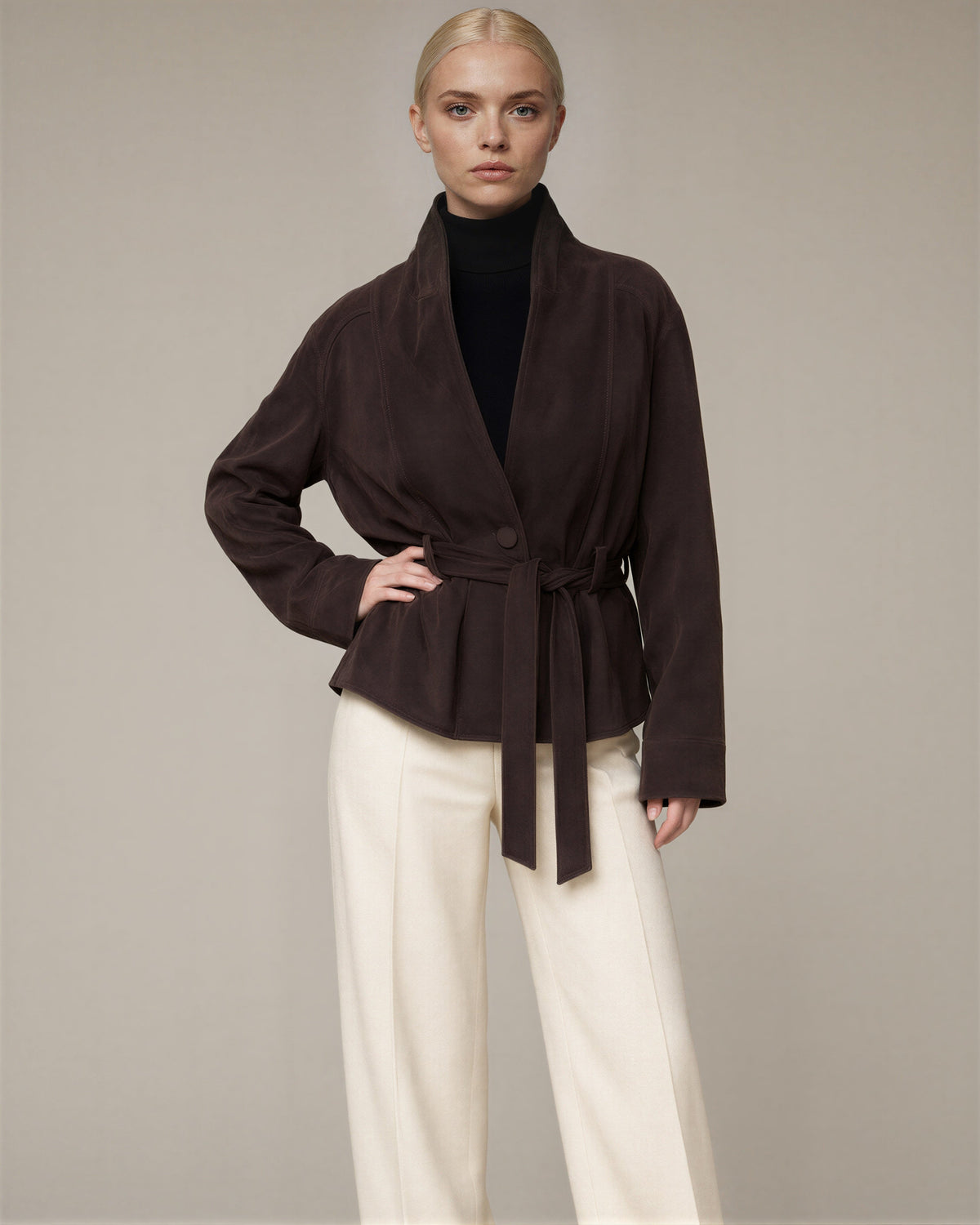 Liviana Shawl Collar Tie Belt Faux Suede Jacket, dark brown, front, hands on the waist