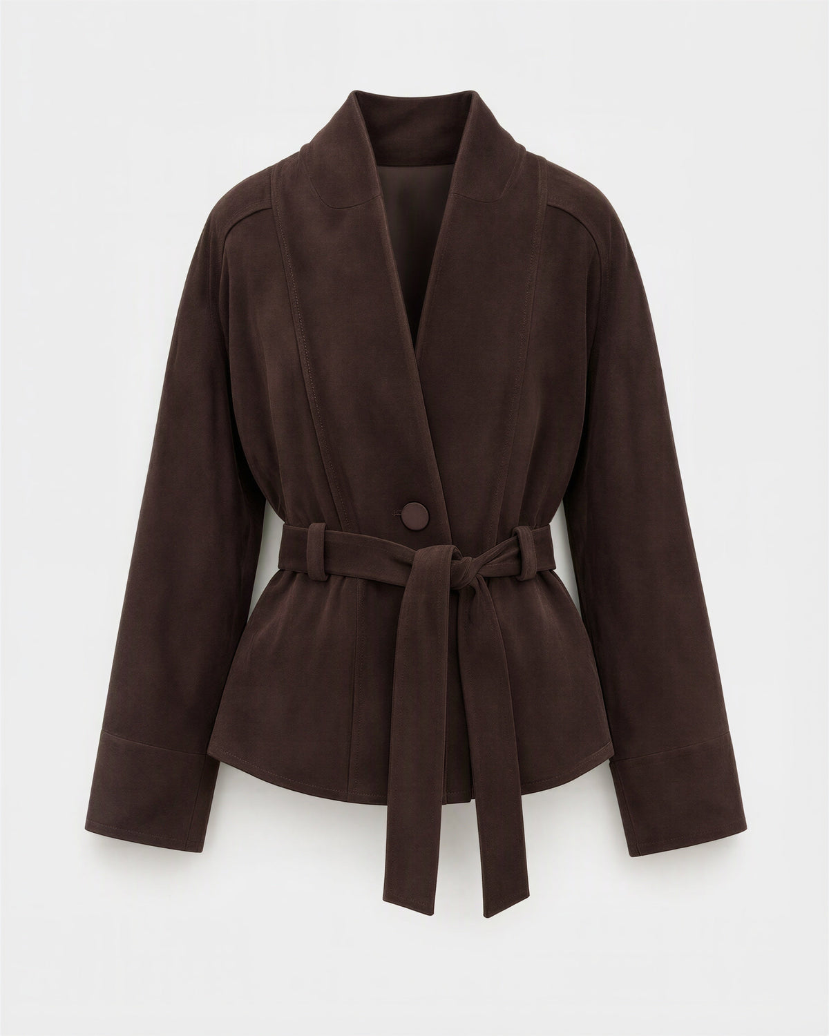 Liviana Shawl Collar Tie Belt Faux Suede Jacket, dark brown, product view without a model