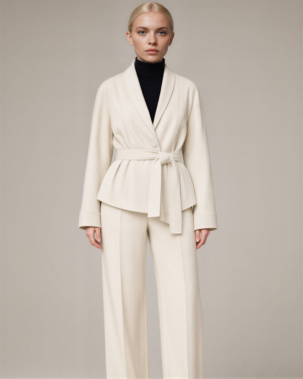 Liviana Shawl Collar Tie Belt Faux Suede Jacket, cream color option