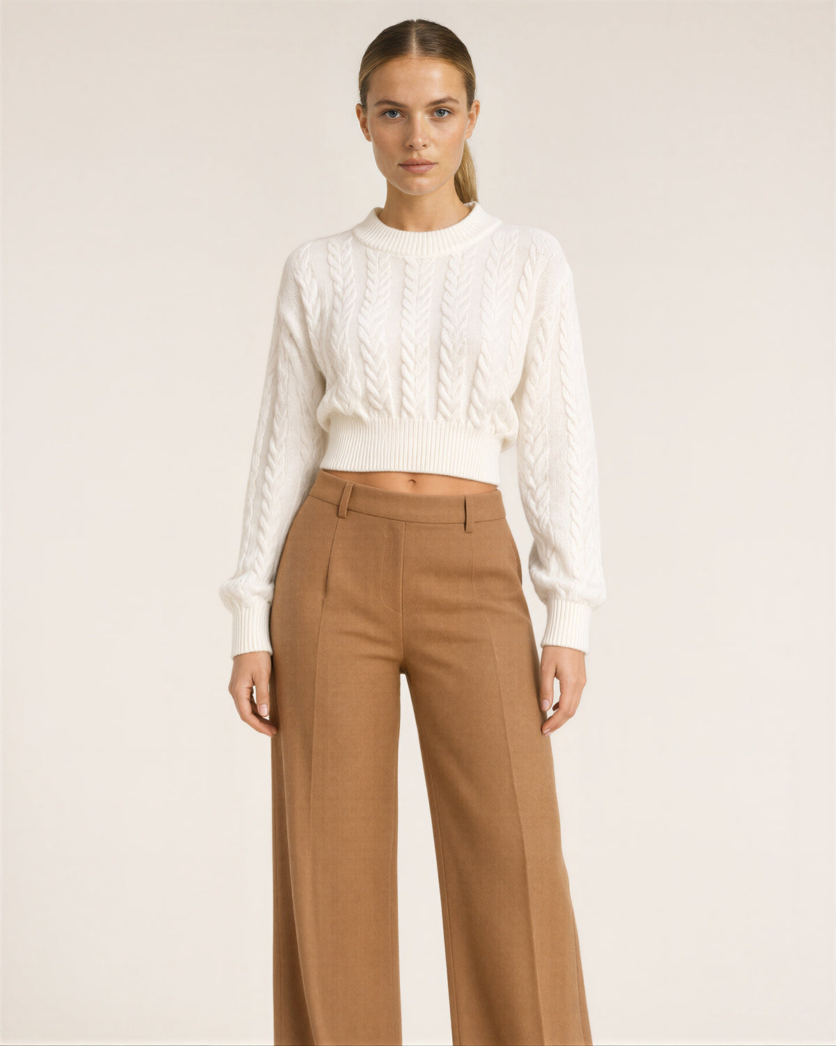 Loredana Cable Motif Cropped Knit Sweater, off white, front view