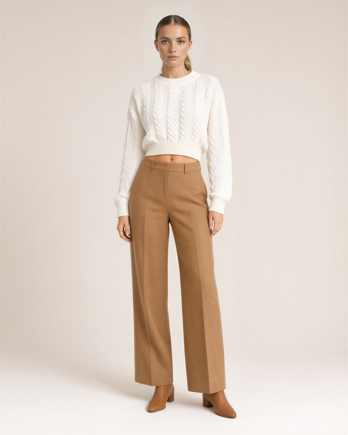 Loredana Cable Motif Cropped Knit Sweater, off white, full length front view