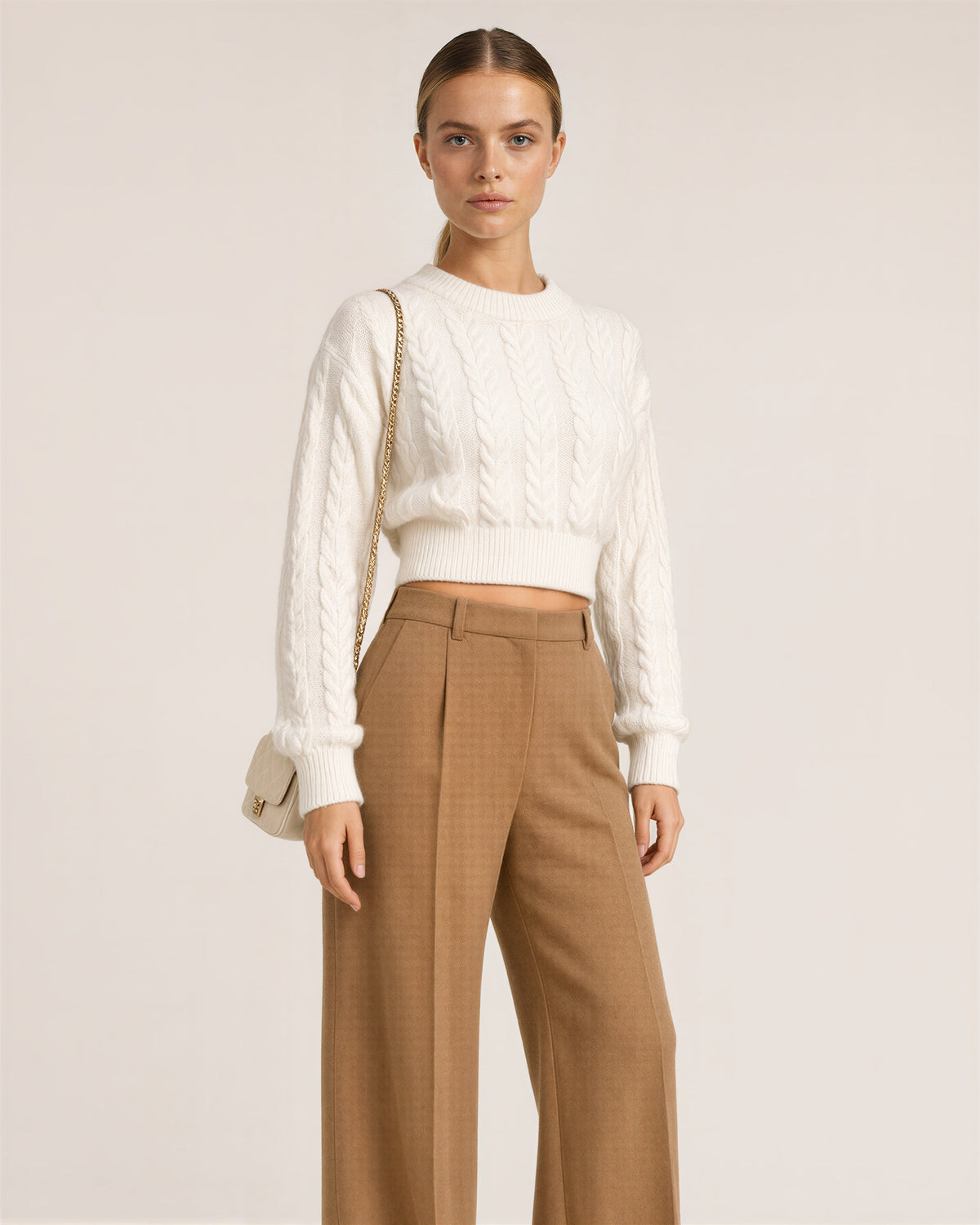 Loredana Cable Motif Cropped Knit Sweater, off white, three quarter view