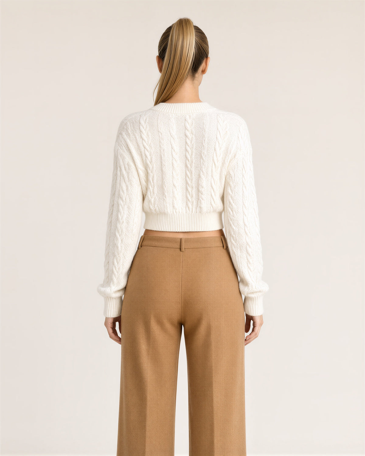 Loredana Cable Motif Cropped Knit Sweater, off white, back view