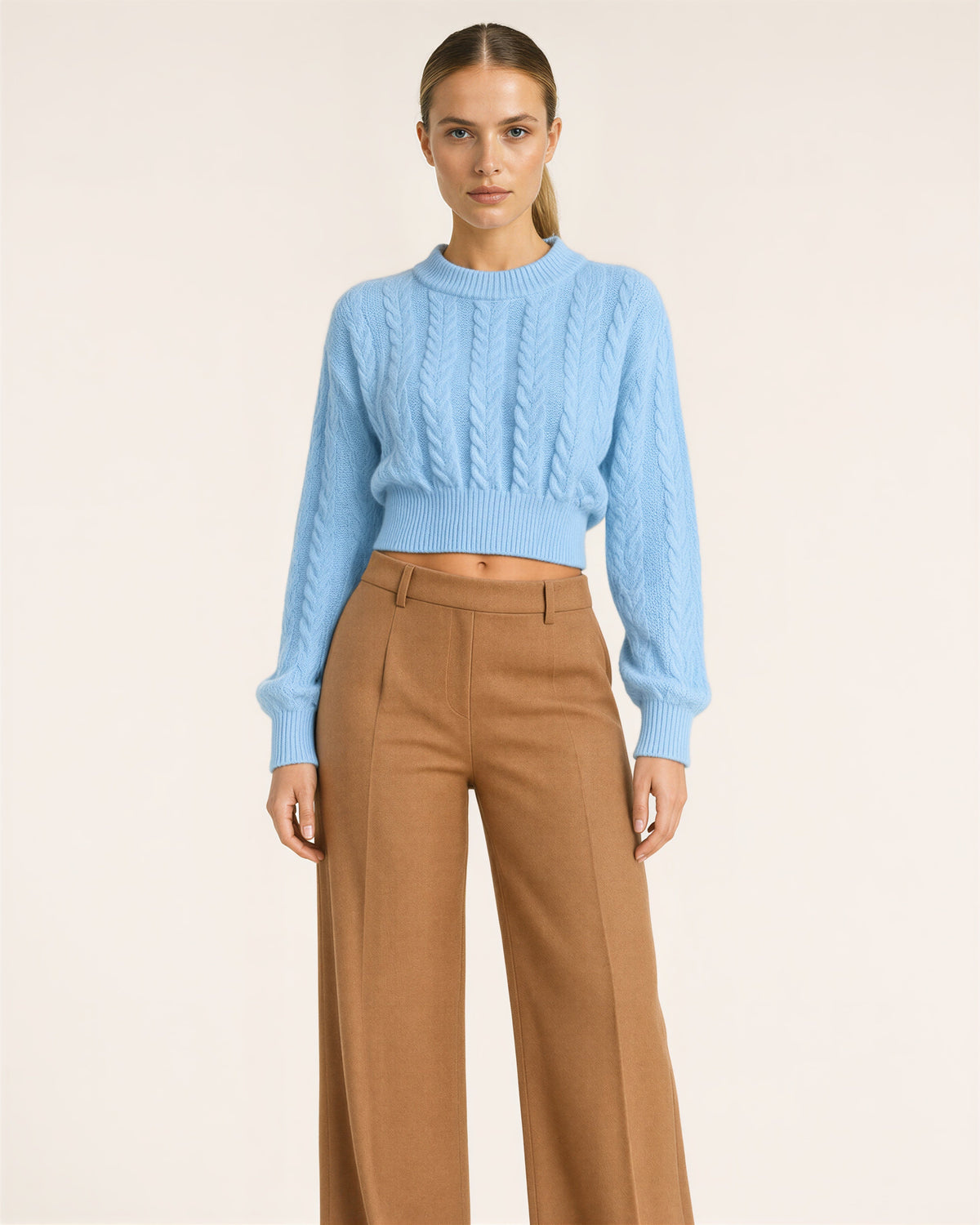 Loredana Cable Motif Cropped Knit Sweater, light blue color option