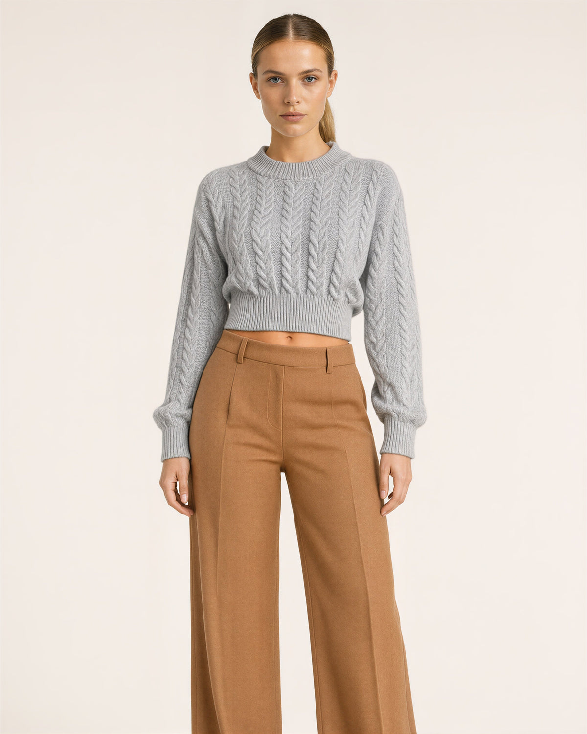 Loredana Cable Motif Cropped Knit Sweater, grey color option