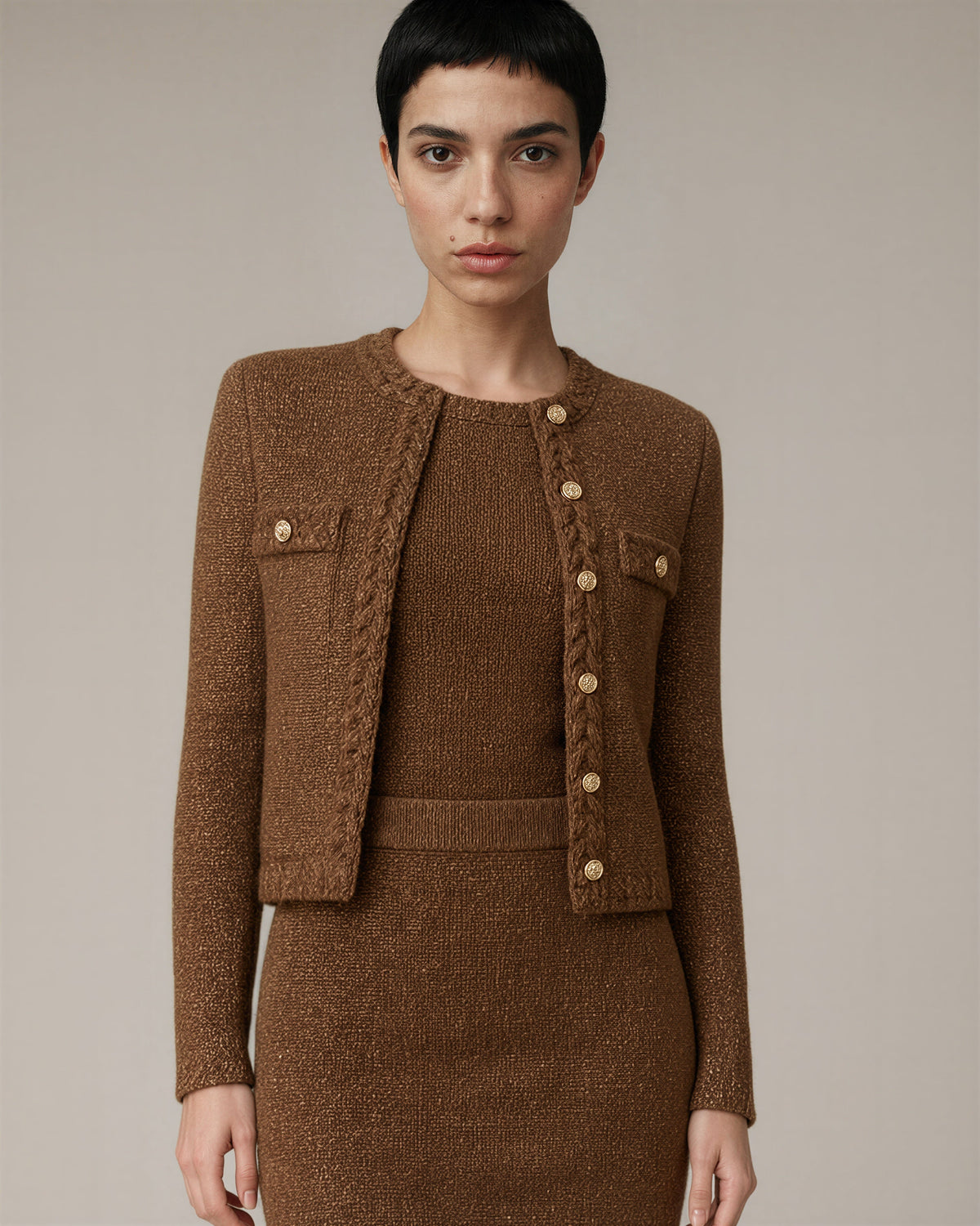 Lorella Lurex Tweed Knit Three Piece Set, Brown, brown, close up above the waist