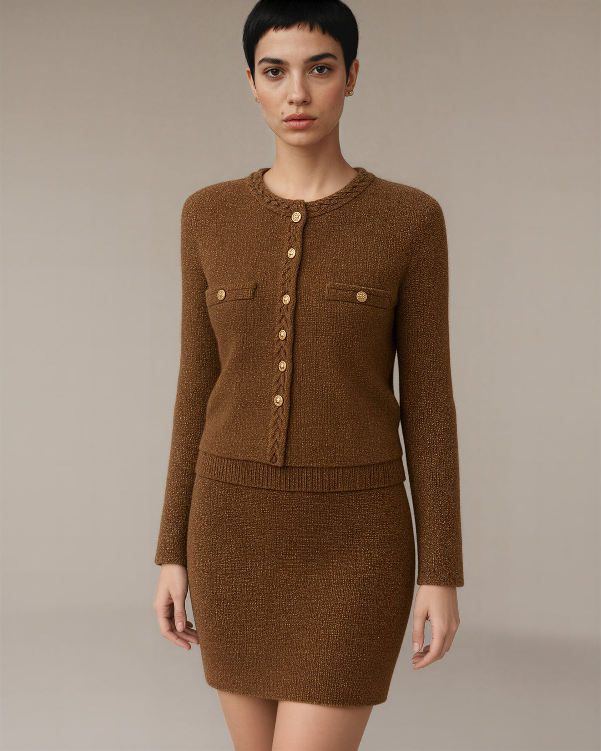Lorella Lurex Tweed Knit Three Piece Set, Brown, brown, three quarter view