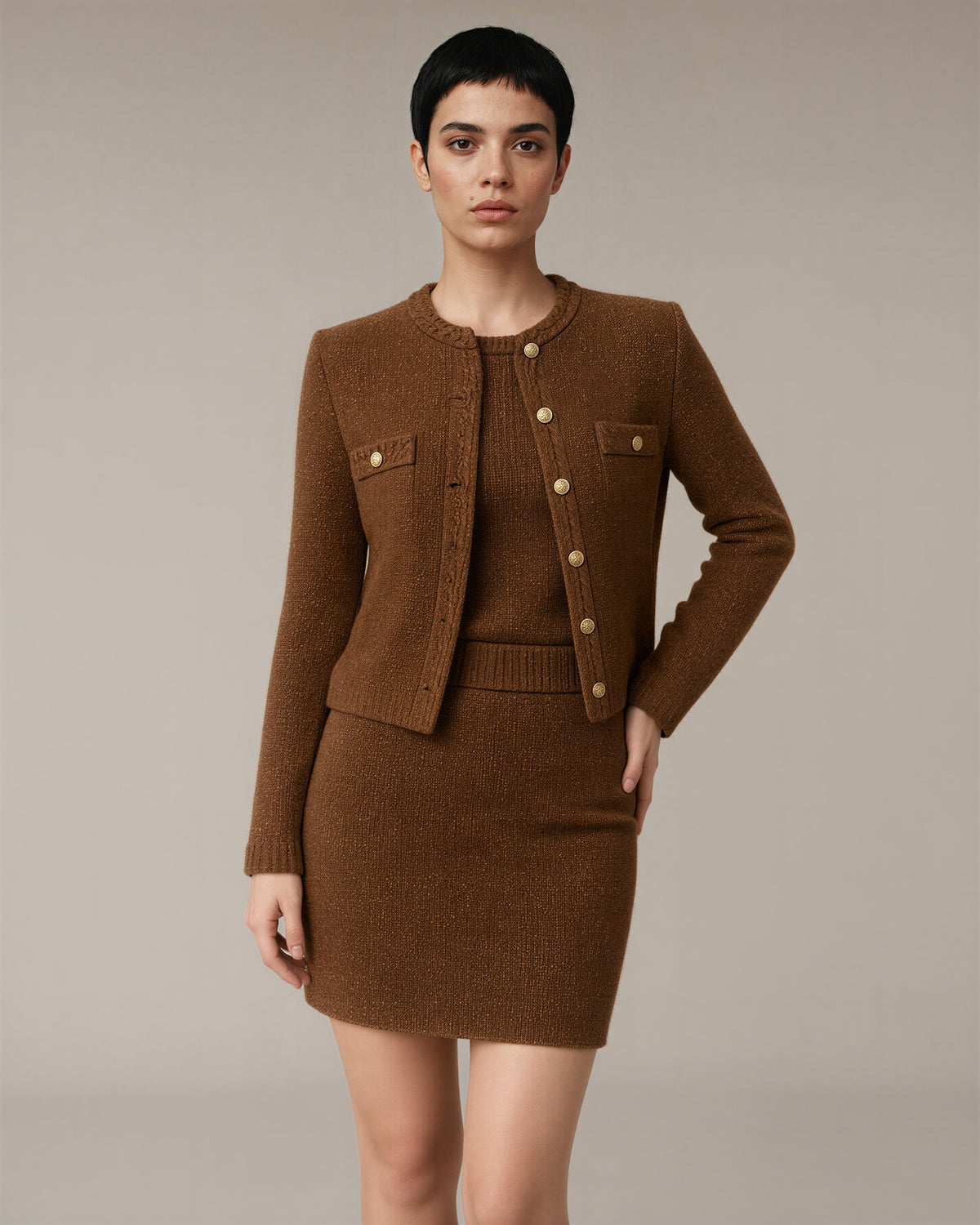 Lorella Lurex Tweed Knit Three Piece Set, Brown, brown, front, hands on the waist