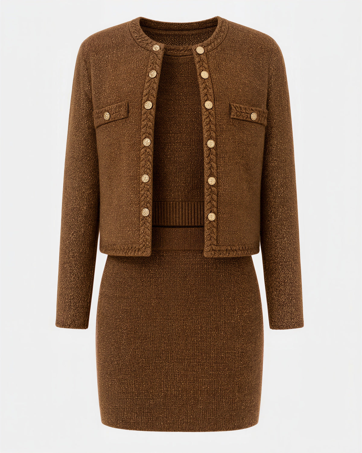 Lorella Lurex Tweed Knit Three Piece Set, Brown, brown, product view without a model