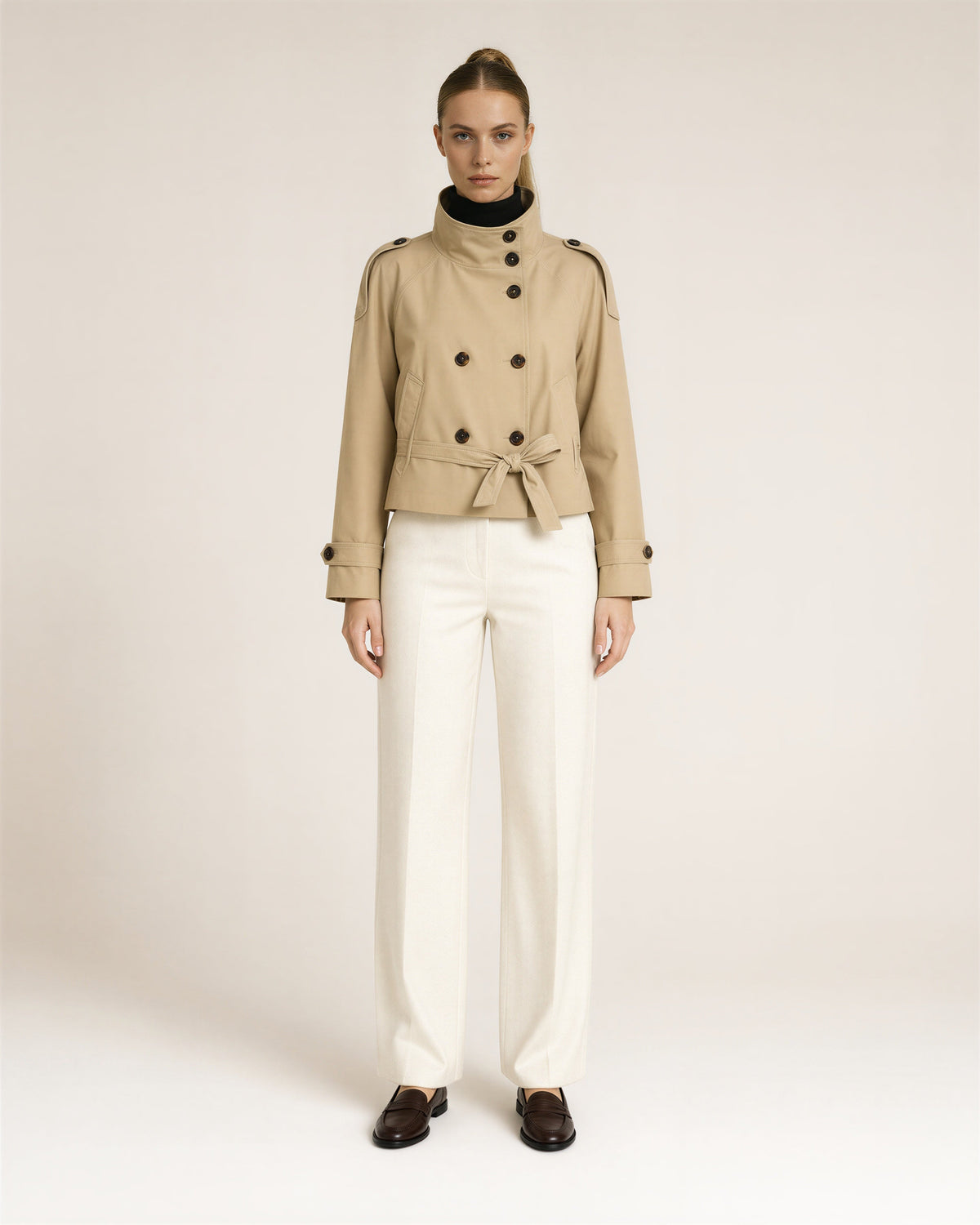 Lorena Stand Collar Tie Belt Cropped Trench Jacket, beige, full length front view
