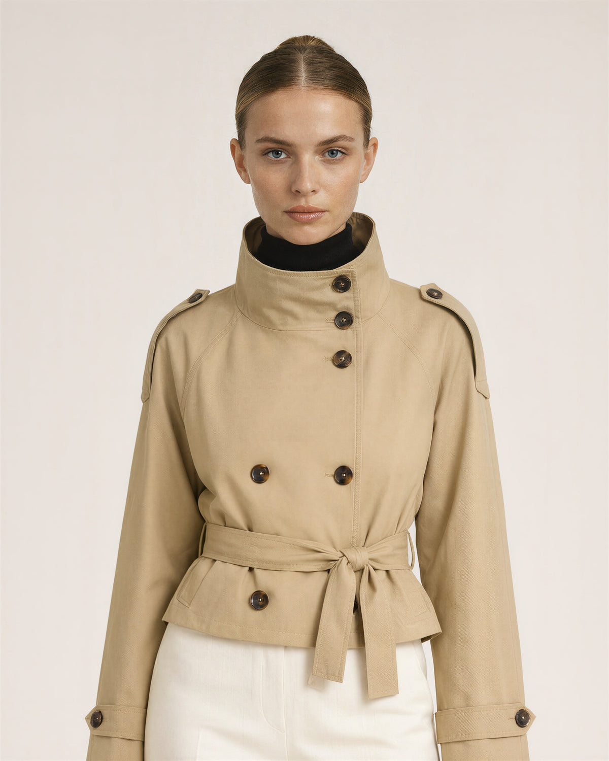 Lorena Stand Collar Tie Belt Cropped Trench Jacket, beige, close up above the waist
