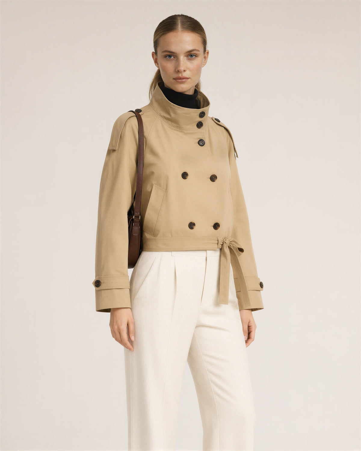 Lorena Stand Collar Tie Belt Cropped Trench Jacket, beige, three quarter view