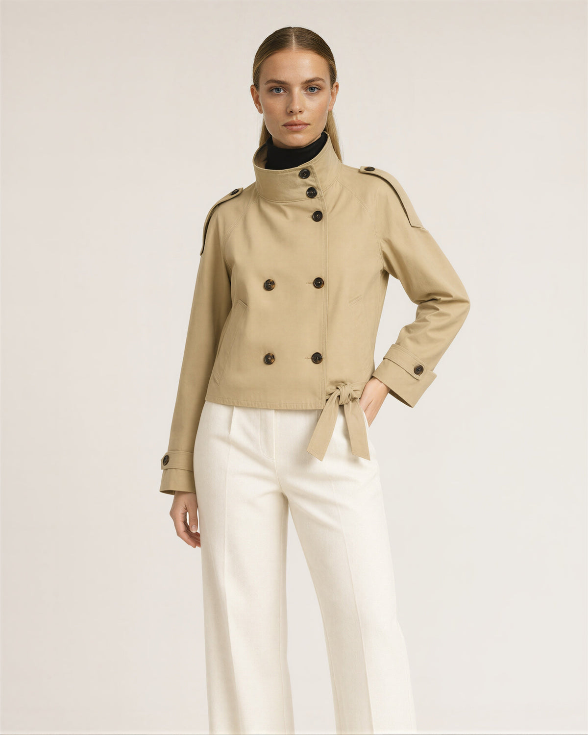 Lorena Stand Collar Tie Belt Cropped Trench Jacket, beige, front, hands on the waist