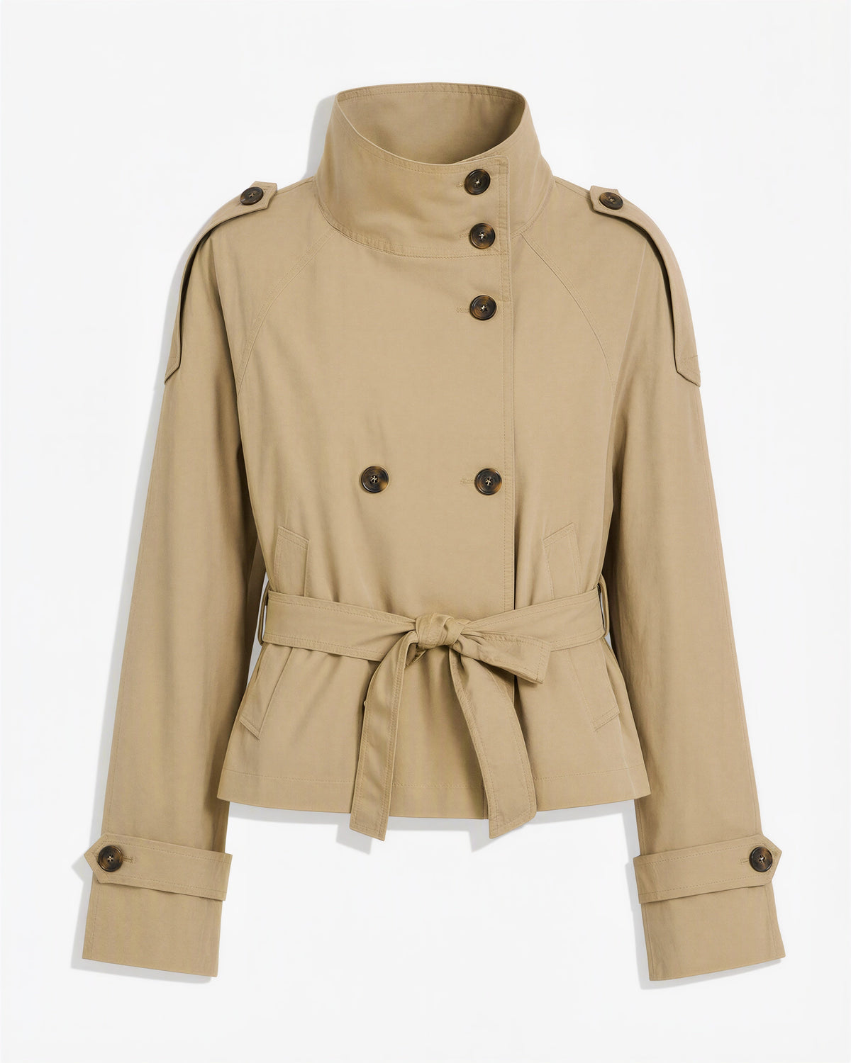 Lorena Stand Collar Tie Belt Cropped Trench Jacket, beige, product view without a model