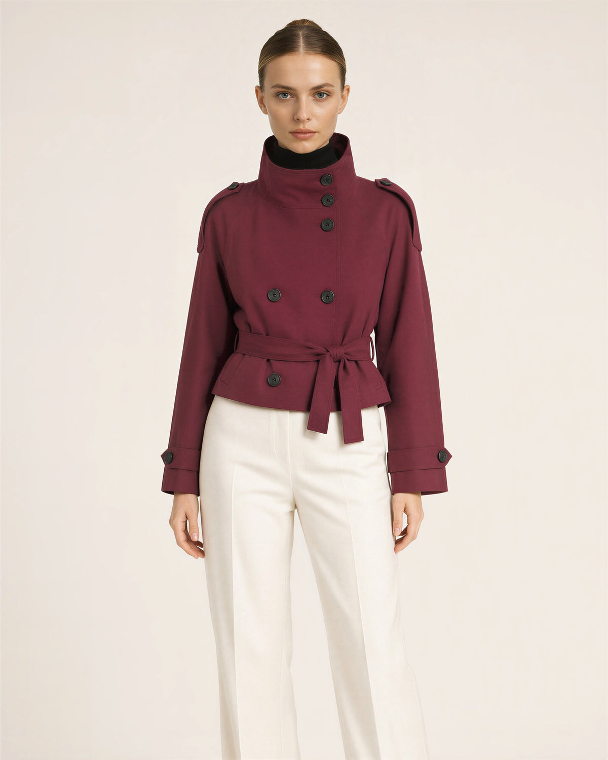 Lorena Stand Collar Tie Belt Cropped Trench Jacket, burgundy color option