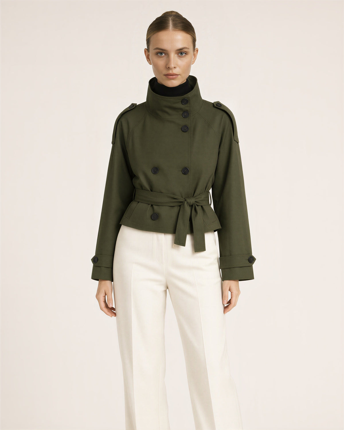 Lorena Stand Collar Tie Belt Cropped Trench Jacket, khaki green color option