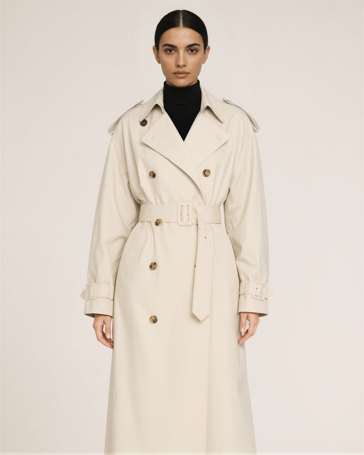 Lorenza Oversized Double Breasted Belted Long Trench Coat, stone beige, front view