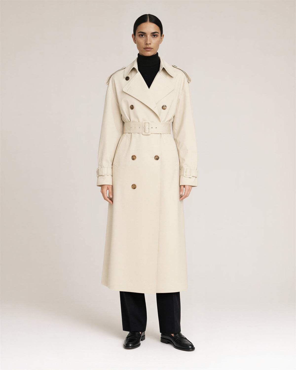 Lorenza Oversized Double Breasted Belted Long Trench Coat, stone beige, full length front view