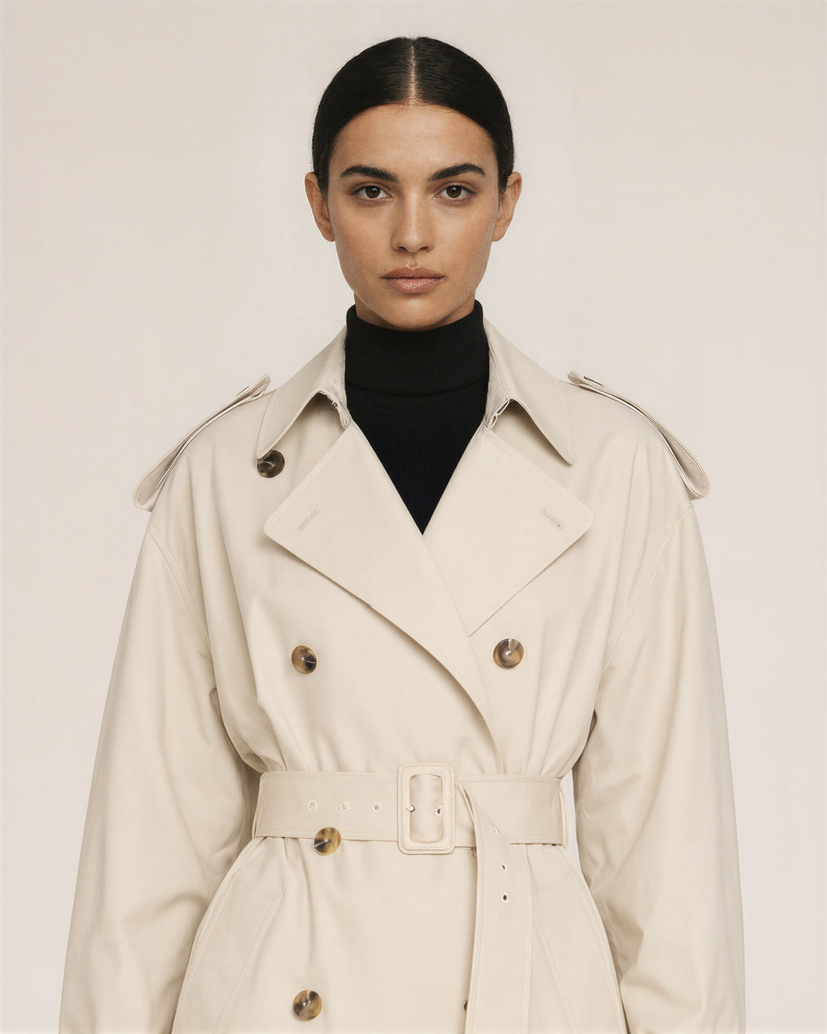 Lorenza Oversized Double Breasted Belted Long Trench Coat, stone beige, close up above the waist